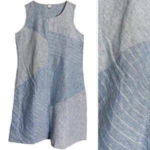 Blue Mixed Fabric and Stripe Print Linen Sleeveless Shift Dress NWT SIZE PS